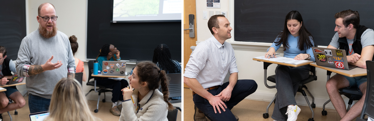 Asst. Prof. Charlie Gleek (left) and program director David Flood co-teach and prompt seminar discussions with Catalyst students. (Photo credit Evan Kutsko)