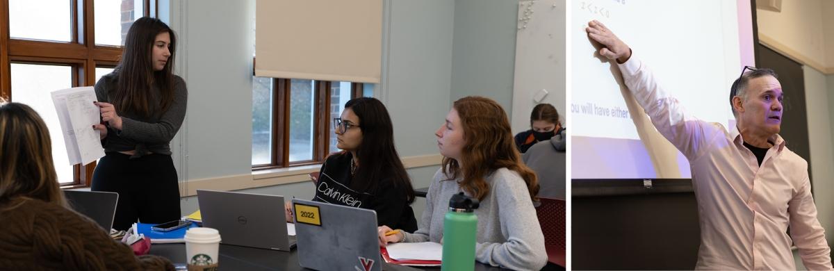 Undergraduate learning assistant Sydney Levy (left, standing) helps students Heather Nguyen, Mariam Leweed and Molly O’Leary (seated, left to right) work collaboratively to solve a problem during a breakout session in introductory their mathematics course. Advance Fellow and director of the lower division courses in the Department of Mathematics Jim Rolf (far right) works with graduate students to develop their pedagogical skills and their cultural competence as instructors in the department's introductory 