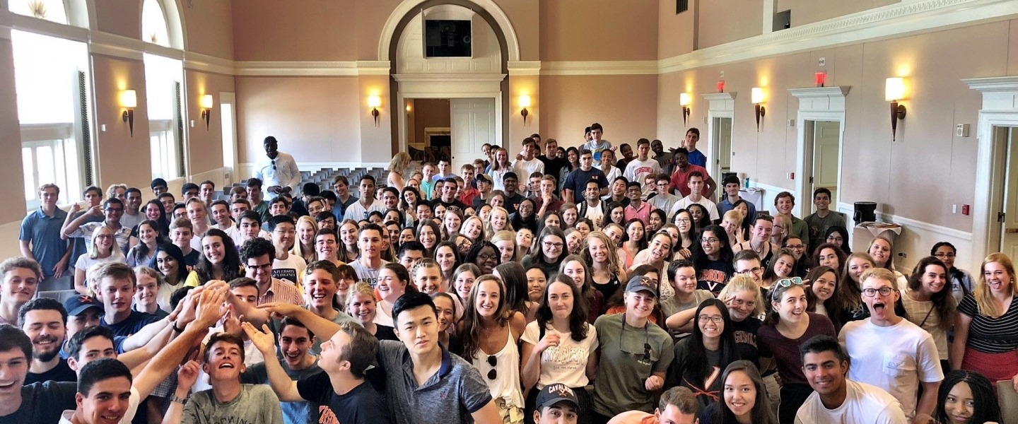 Incoming students in the Echols Scholars Program socialize in August 2018 during a Welcome Orientation for first years.