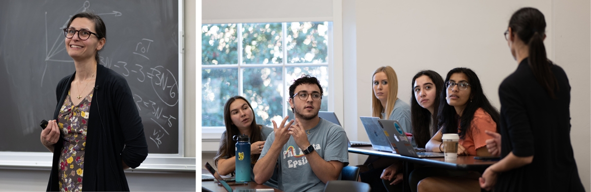 Advance Fellow Jessamyn Manson (left) is working to develop a more inclusive introductory course for the College's Department of Biology.  Manson (far right) helps students Anastasia Carvalhais, Thomas Hallett, Kealani Unkel, Maheen Khaja and Krithi Chakrapani (left to right) work though an in-class exercise exploring conservation genetics. (Photo credit: Evan Kutsko)