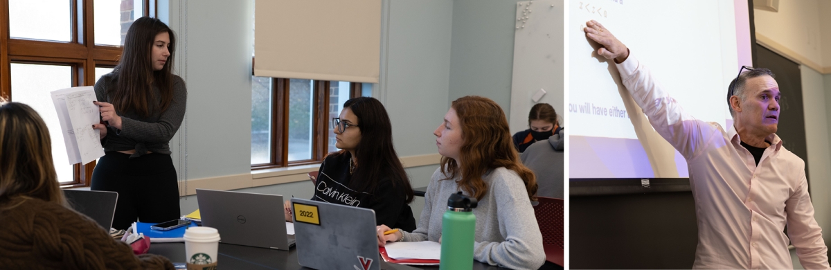 Undergraduate learning assistant Sydney Levy (left, standing) helps students Heather Nguyen, Mariam Leweed and Molly O’Leary (seated, left to right) work collaboratively to solve a problem during a breakout session in introductory their mathematics course. Advance Fellow and director of the lower division courses in the Department of Mathematics Jim Rolf (far right) works with graduate students to develop their pedagogical skills and their cultural competence as instructors in the department's introductory mathematics program. (Photo credit: Evan Kutsko) 