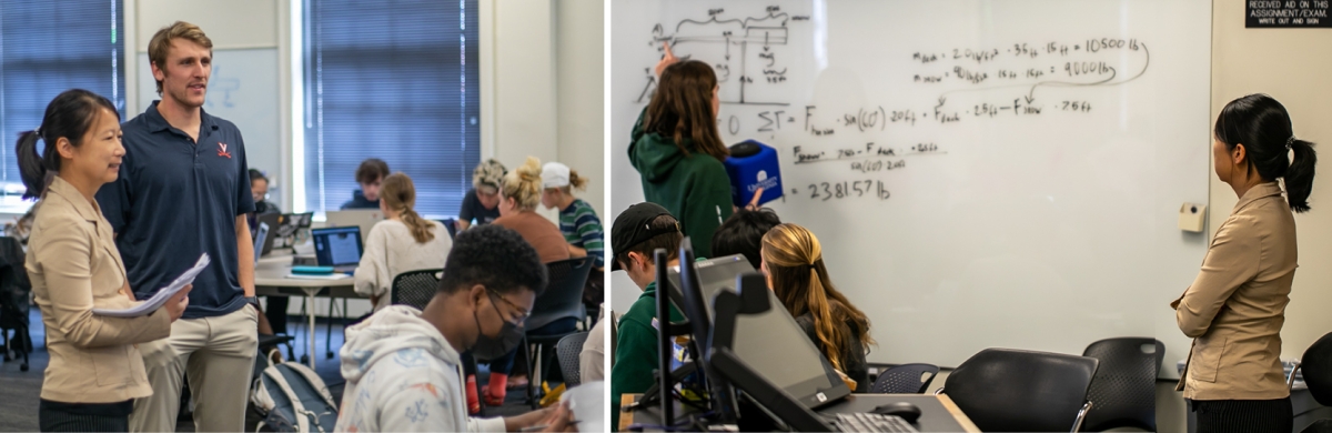 Physics professor and Advance Fellow Xiaochao Zheng (left) and her guest speaker, engineering graduate student Steven Russell, observe students engaged in group discussions. Zheng incorporates active-learning techniques like collaborative quizzes into her classroom to encourage student participation.  Zheng (right) looks on as student Cassandre Morel presents her solution to a quiz question to the class.