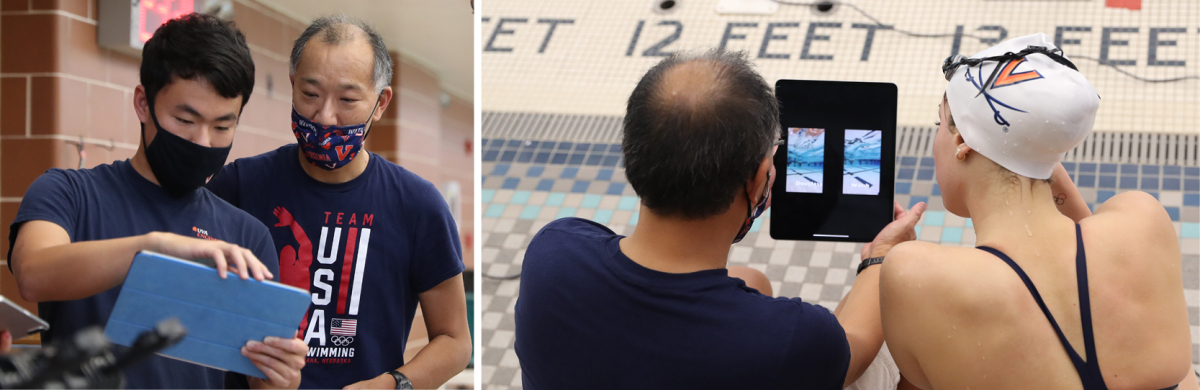 Thomas Jefferson Professor of Mathematics, Ken Ono and his research assistant Jerry Lu  (left). Ken Ono reviews underwater video footage with Olympic swimmer Emma Weyant (right). Photo by Matt Riley, UVA Athletics